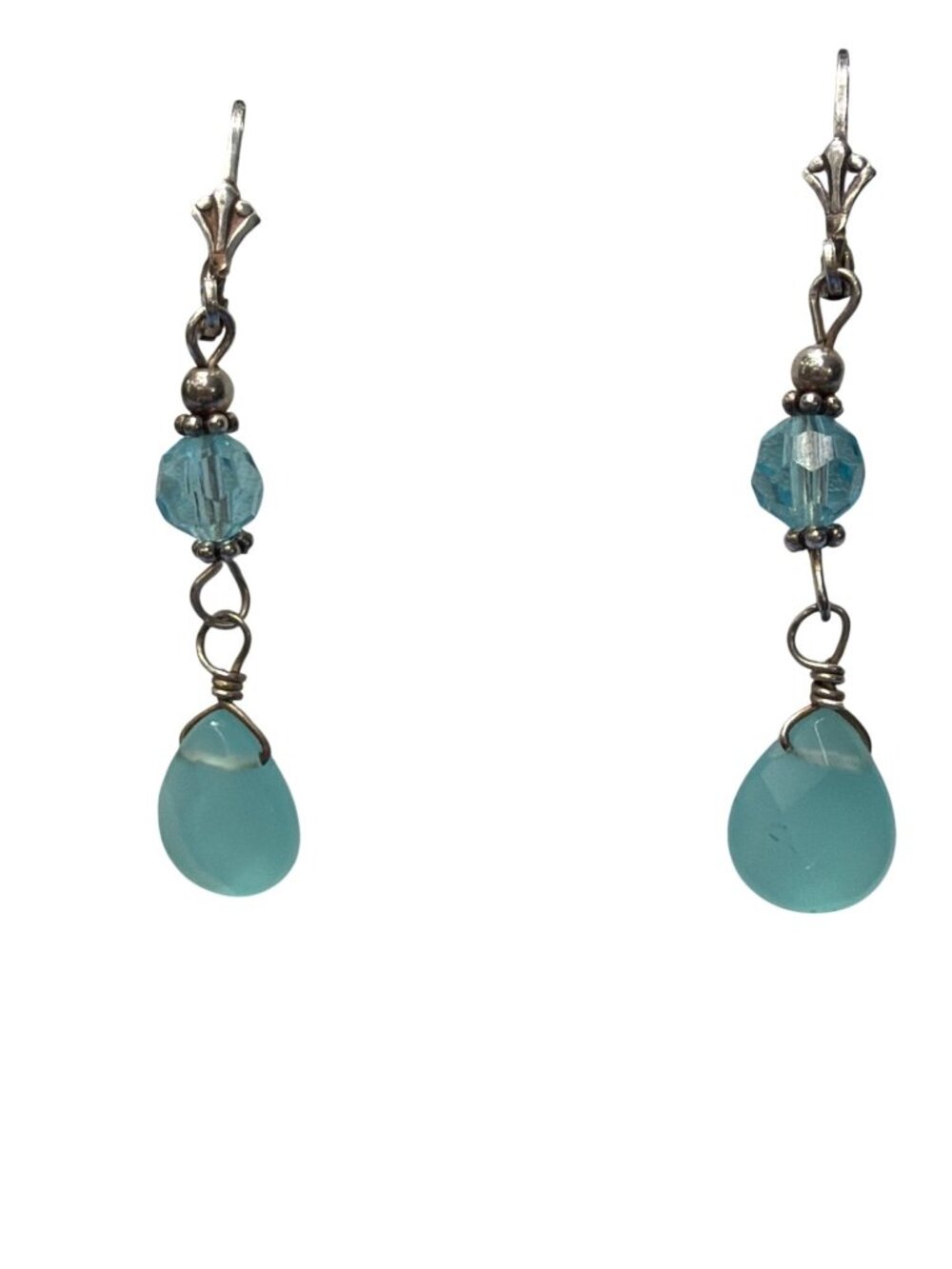 Vintage Sterling Silver Drop Earrings Aqua Blue Glass Beads Teardrop 2" Estate